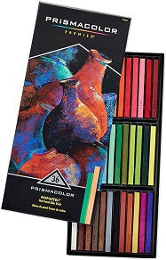 A collection of Prismacolor NuPastels in various colors displayed in rows with the packaging visible in the background.