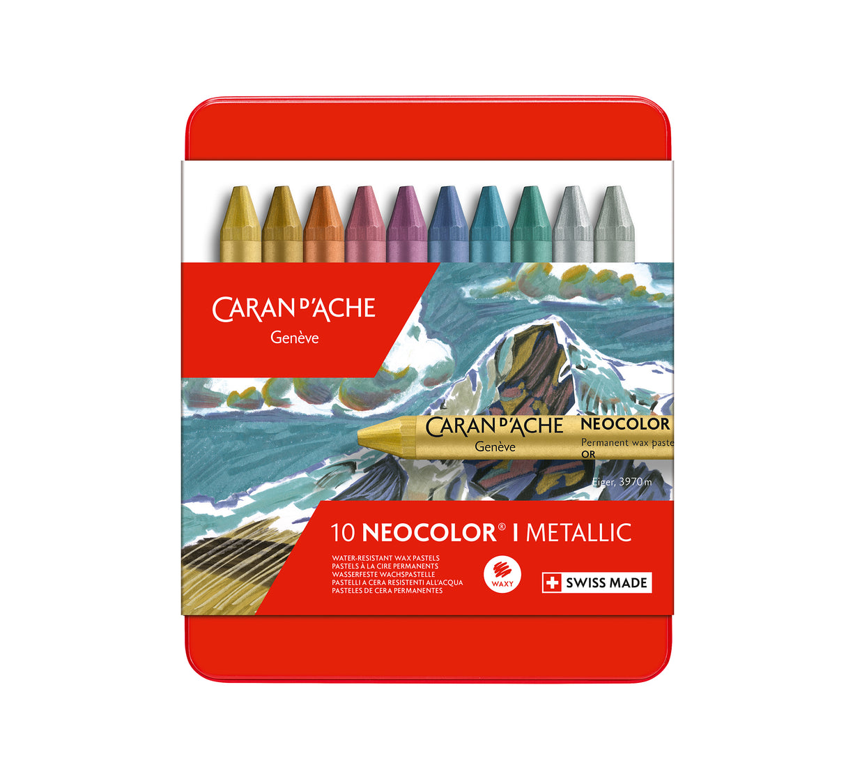 Caran d'Ache Neocolor I Water-Resistant Wax Pastels Tin 10 Metallic