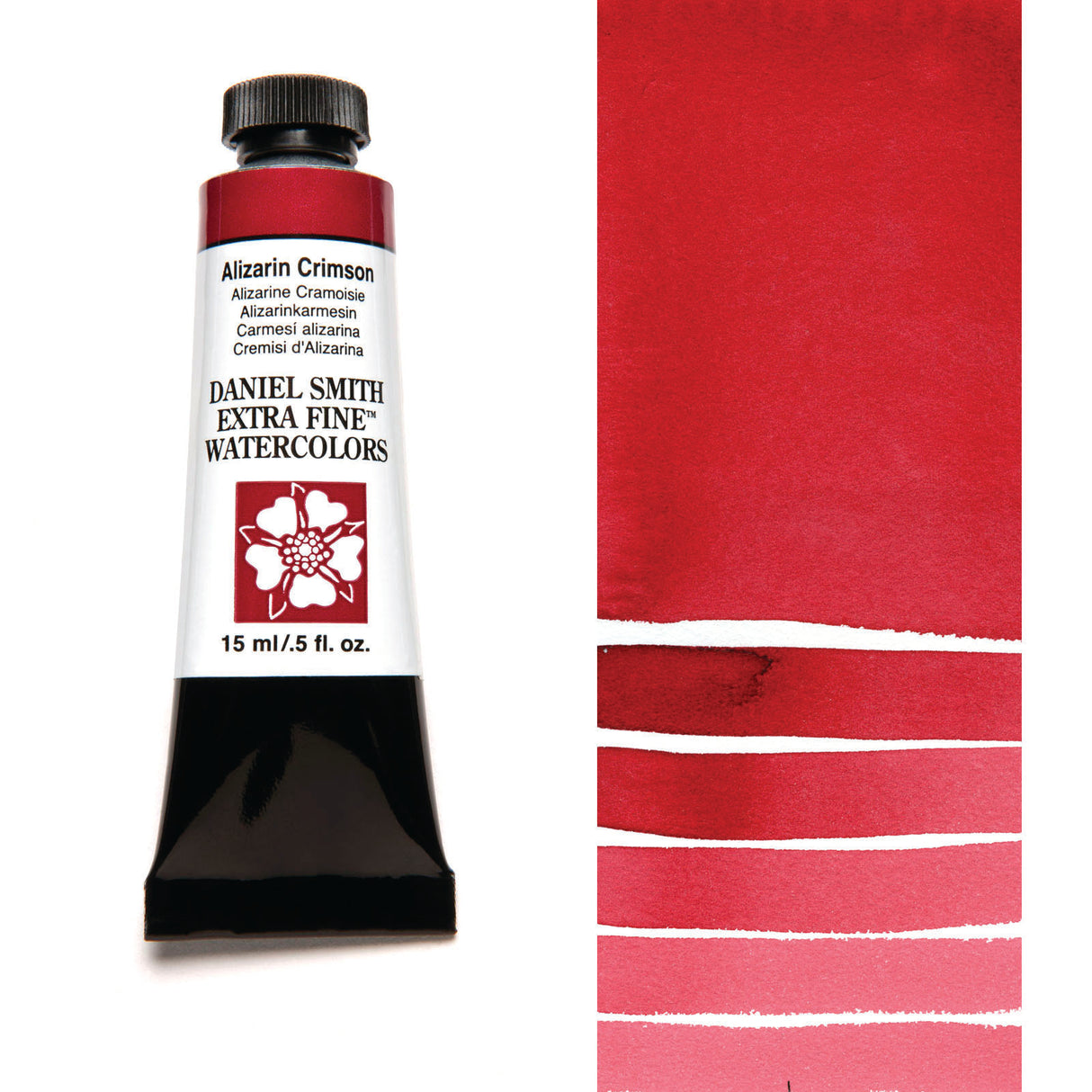 Daniel Smith watercolor paint tube with Alizarin Crimson color swatch on a white background