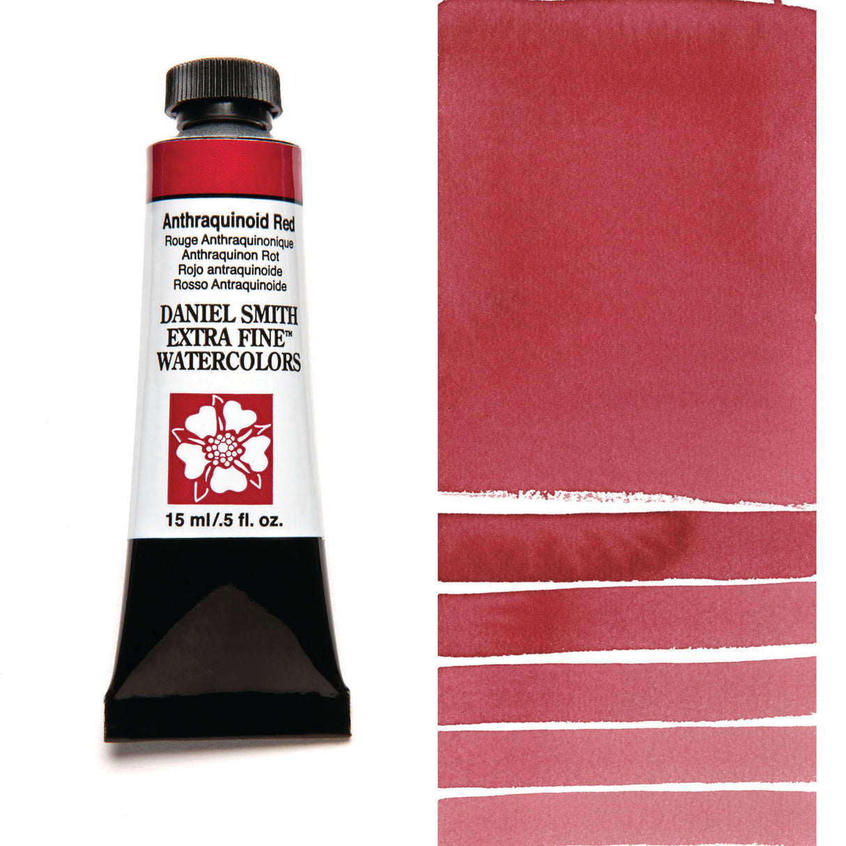 Daniel Smith watercolor paint tube Anthraquinoid Red with color swatch on a white background