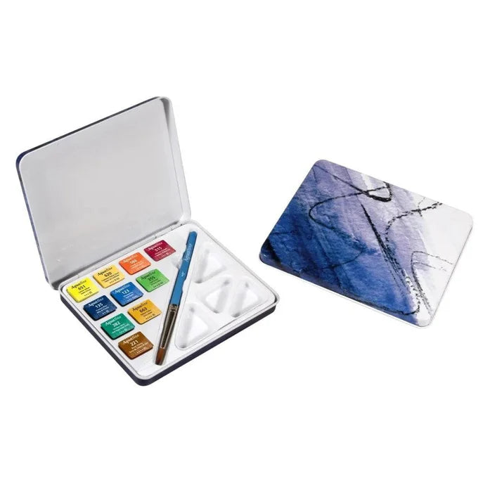 Daler Rowney Aquafine Mini Travel Tin 10 Half Pans + Brush