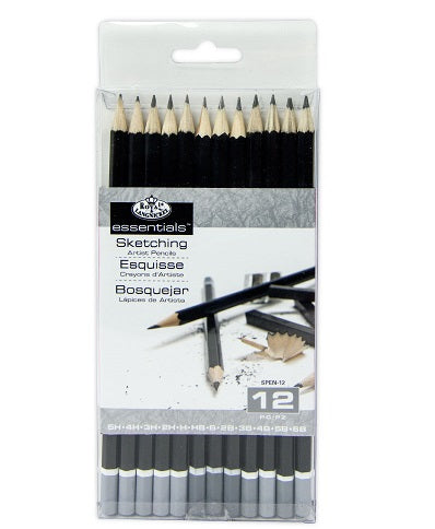 Pack of 12 Royal & Langnickel essentials sketching artist pencils in various grades from 5H to 6B, displayed in a clear packaging with a white background.