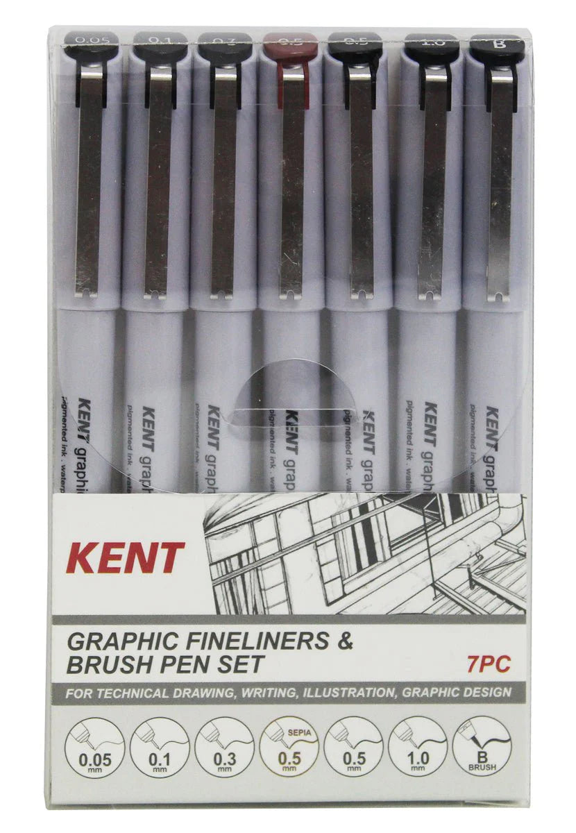 Kent Graphic Fineliner & Brush Pen Set 7PC