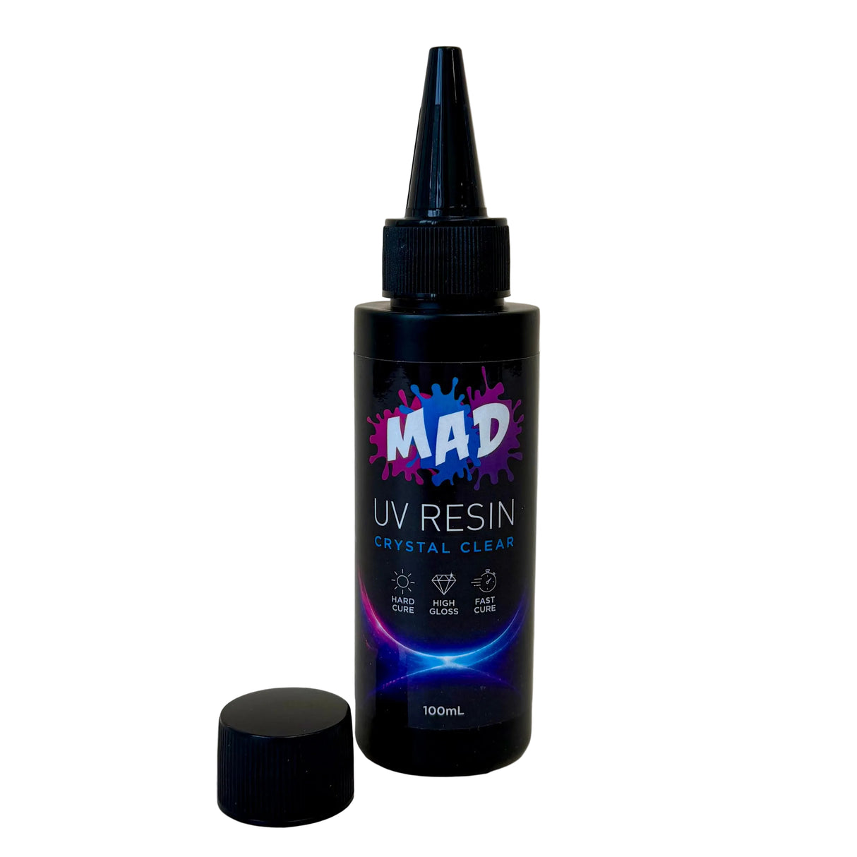 A 100mL bottle of MAD UV Resin Crystal Clear with a nozzel on top and its cap removed and placed beside it on a white background.