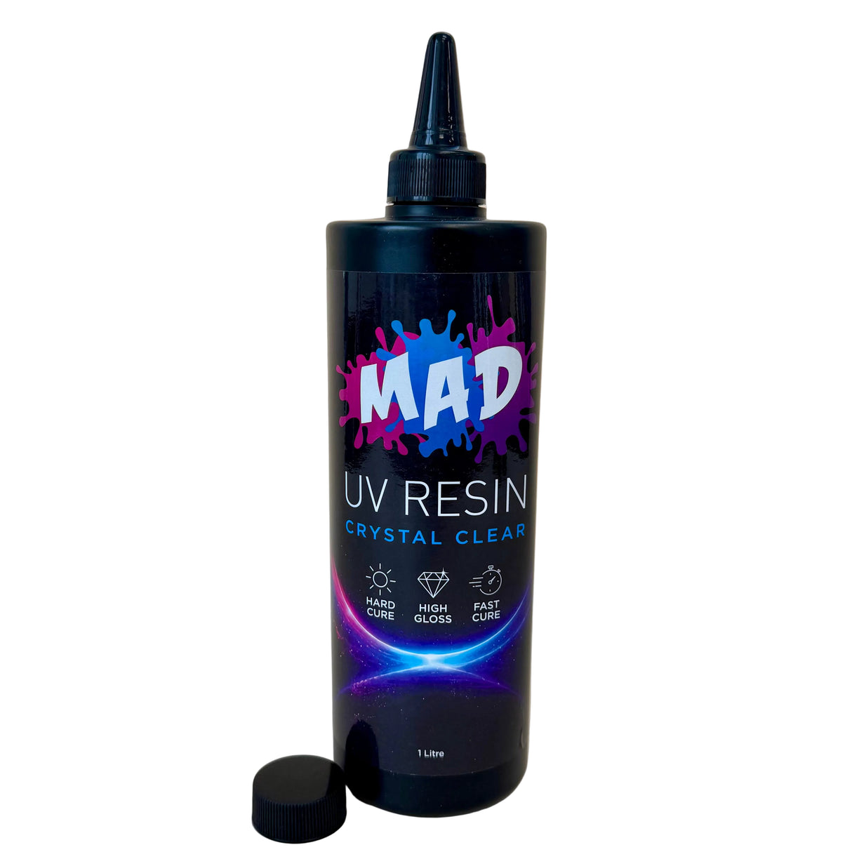 A 1 liter bottle of MAD UV RESIN Crystal Clear UV Resin with a black cap, shown on a plain white background with its cap placed beside the bottle and nozzel on.