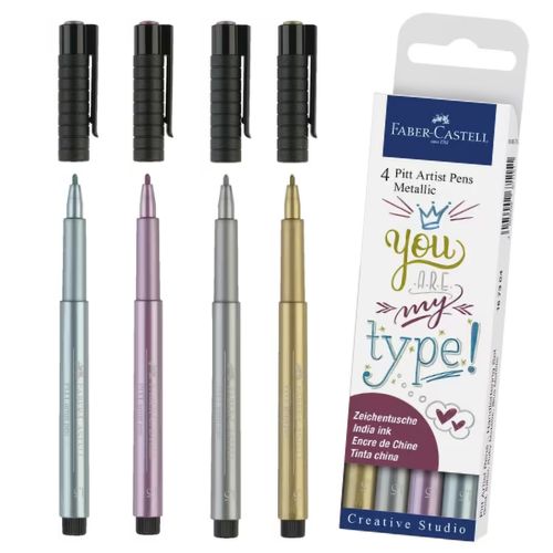 A set of Faber-Castell Pitt Artist Pen Metallic 4Pk, displaying four markers in gold, silver, ruby red, and blue colors with their caps on, arranged next to their packaging which has text and branding.