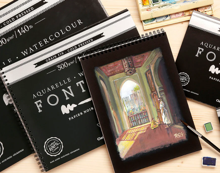 Clairefontaine - Fontaine Black Paper Watercolour Pad Spiral 300gsm various sizes