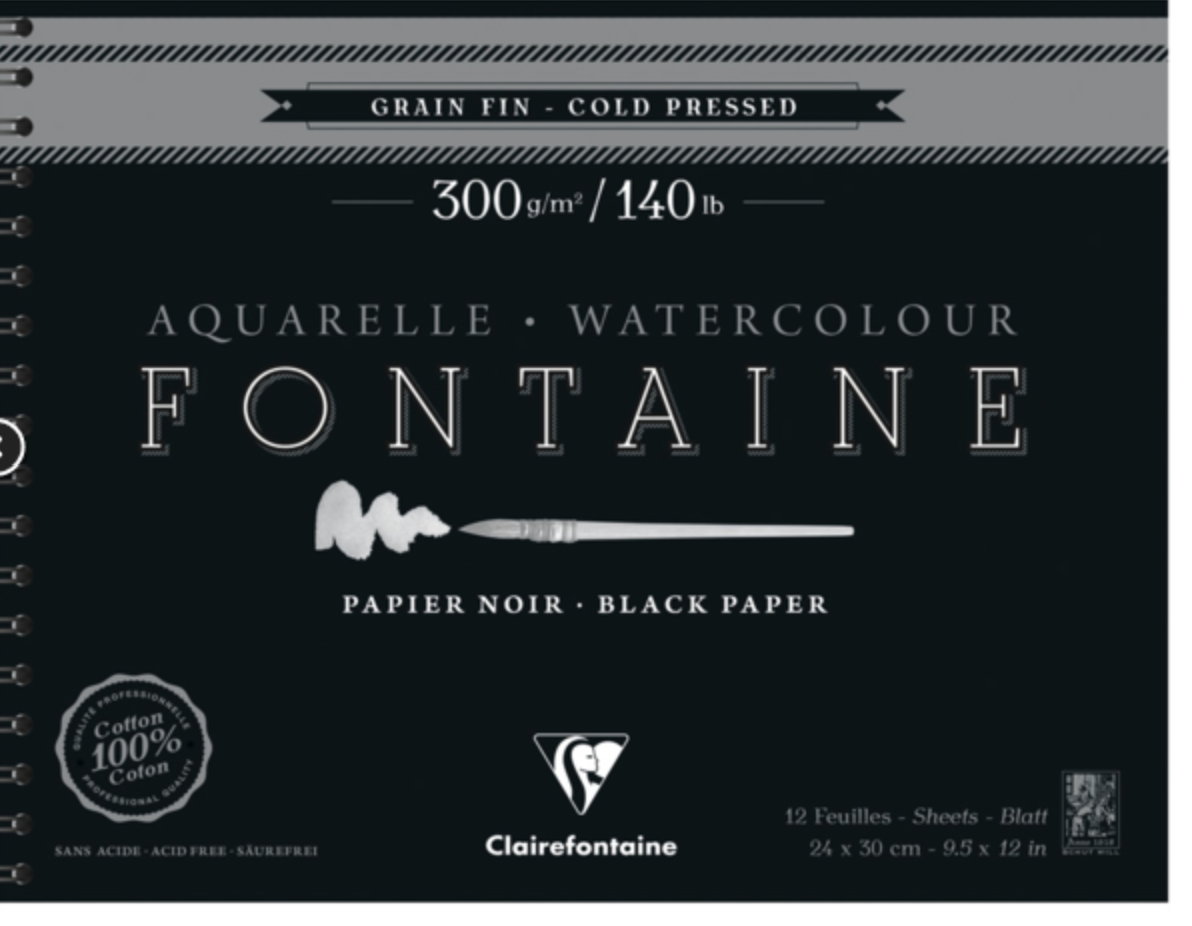Clairefontaine - Fontaine Black Paper Watercolour Pad Spiral 300gsm various sizes