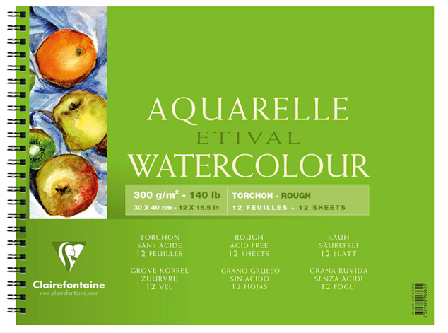 Clairefontaine Etival Watercolour Pad 30 x 40cm 300gsm Rough – 12 Sheets Spiral Bound