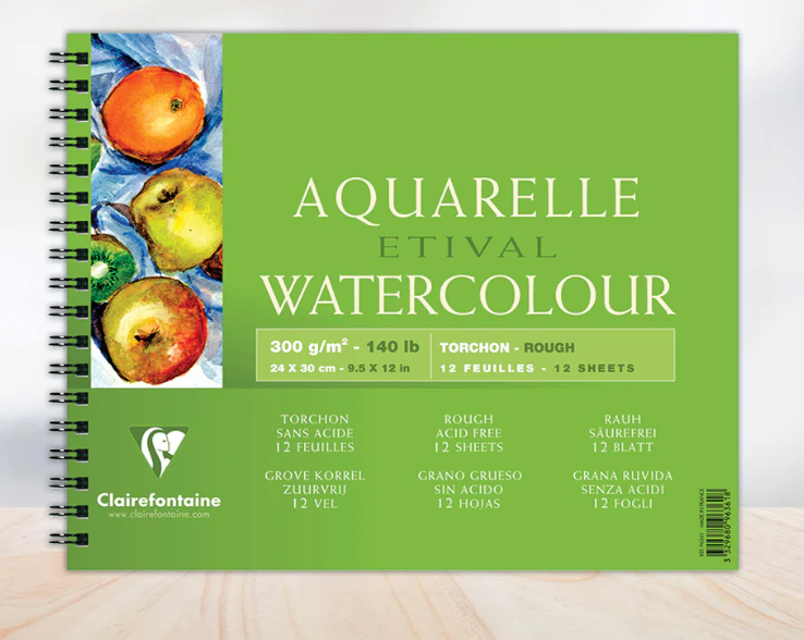 Clairefontaine Etival Watercolour Pad 24×30cm 300gsm Rough – 12 Sheets Spiral Bound