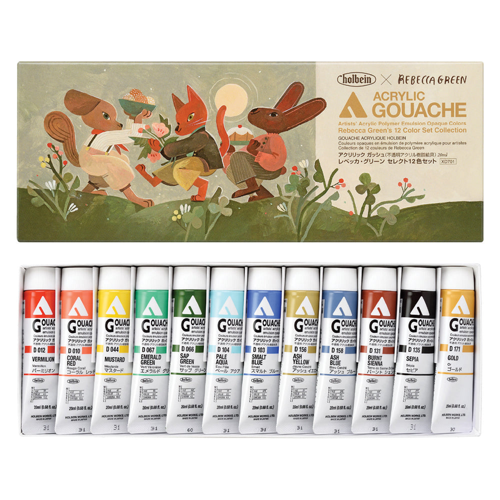 Holbein Acrylic Gouache Set Rebecca Green 12 x 20ml Tubes XD701