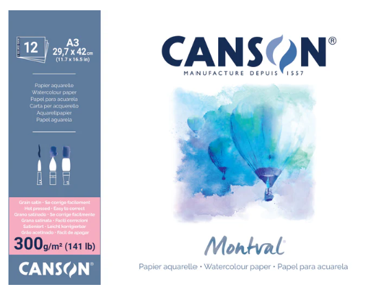 Canson Montval Watercolour Pad 300gsm A3 Hot Pressed 12 Sheet