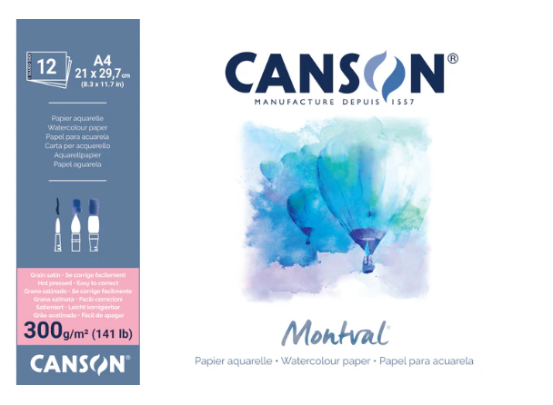Canson Montval Watercolour Pad 300gsm A4 Hot Pressed 12 Sheet