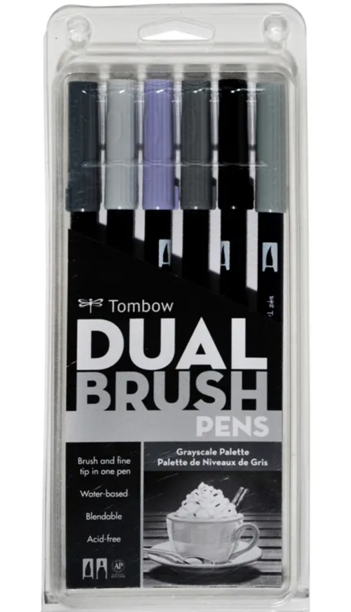 Tombow Dual Brush Pen Set Gray Scale Palette 6 piece
