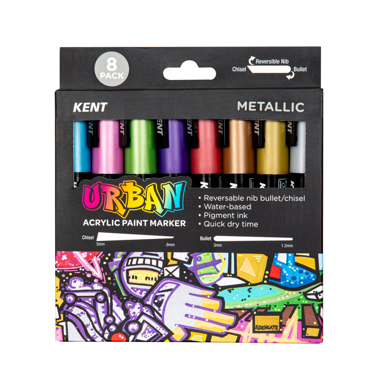 Kent Urban Acrylic Paint Markers – Medium Nib 6mm Metallic Pack 8