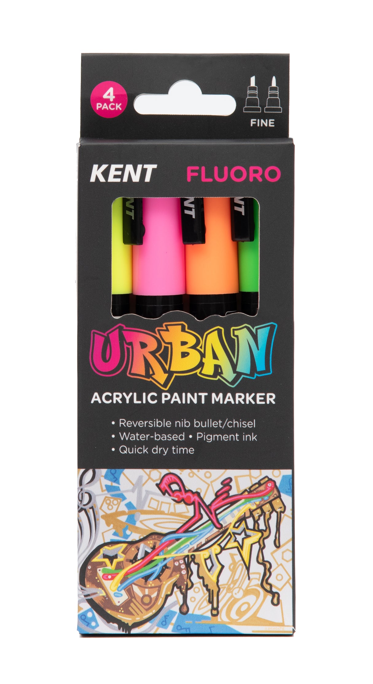Kent Urban Acrylic Paint Markers – Fine Nib 3mm Fluoro Pack 4