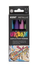 Kent Urban Acrylic Paint Markers – Fine Nib 3mm Metallic Pack 4