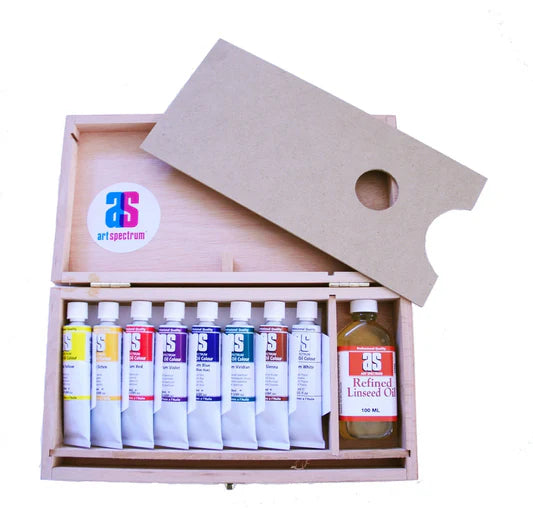 Art Spectrum Artists' Oil Set of 8 x 40ml & 100ml Refined Linseed Oil - Wooden Box