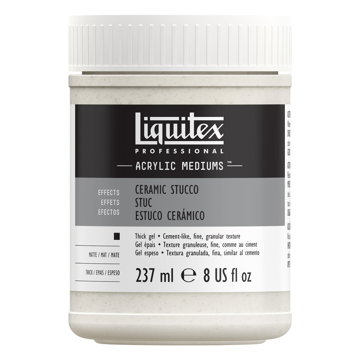 A white plastic jar of Liquitex Professional Acrylic Mediums in Ceramic Stucco, featuring a black and gray label with white text.