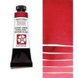 Daniel Smith watercolor paint tube with Alizarin Crimson color swatch on a white background