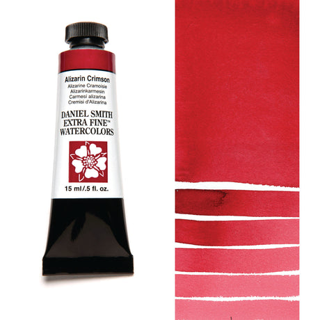 Daniel Smith watercolor paint tube with Alizarin Crimson color swatch on a white background