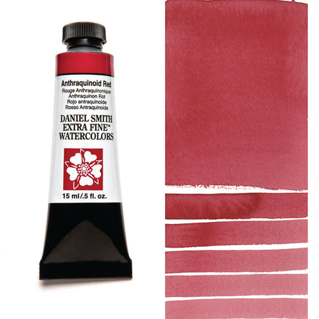 Daniel Smith watercolor paint tube Anthraquinoid Red with color swatch on a white background