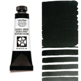 Daniel Smith Extra Fine Watercolors Lamp Black paint tube with swatches on a white background