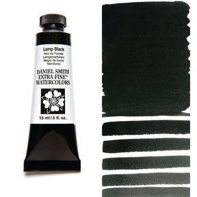 Daniel Smith Extra Fine Watercolors Lamp Black paint tube with swatches on a white background