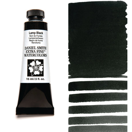 Daniel Smith Extra Fine Watercolors Lamp Black paint tube with swatches on a white background