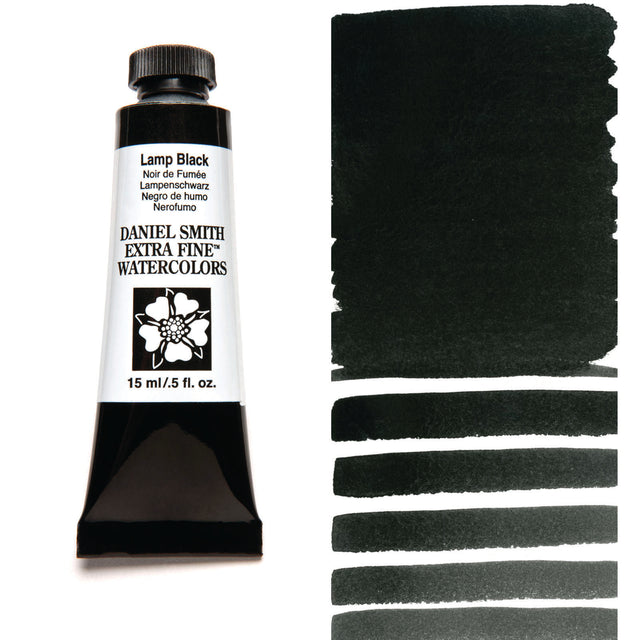 Daniel Smith Extra Fine Watercolors Lamp Black paint tube with swatches on a white background