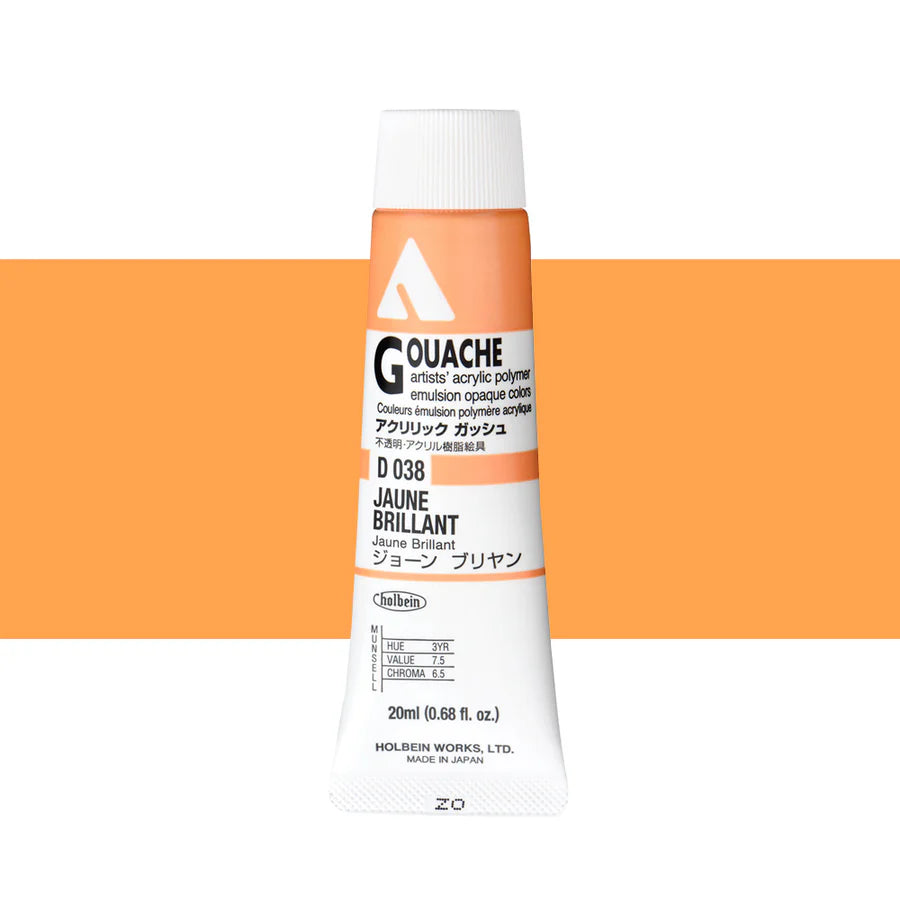 Holbein Acrylic Gouache 20ml Tubes - Colour - Jaune Brilliant (D038) - A