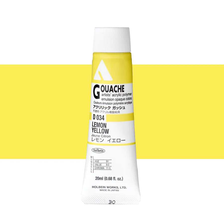 Holbein Acrylic Gouache 20ml Tubes - Colour - Lemon Yellow (D034) - A