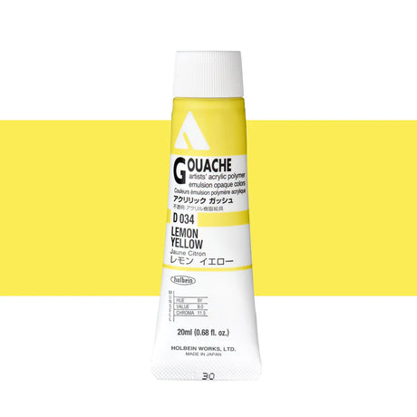 Holbein Acrylic Gouache 20ml Tubes - Colour - Lemon Yellow (D034) - A