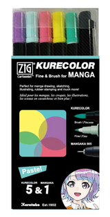 Kuretake ZIG Kurecolor Fine and Brush Marker MANGA Pastel 5 + 1