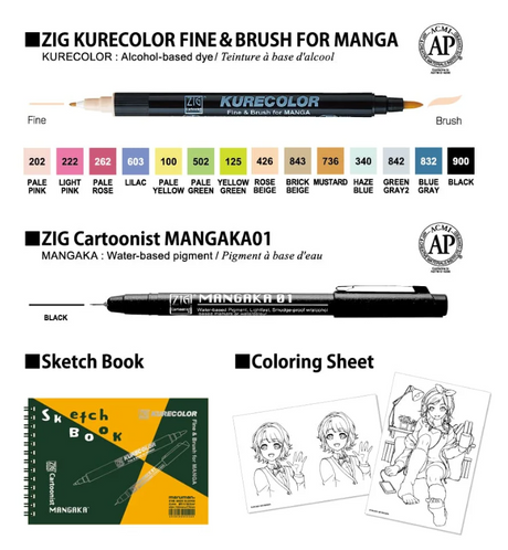 Kuretake ZIG Kurecolor Fine and Brush Marker MANGA Starter Set Portrait 14+ 1