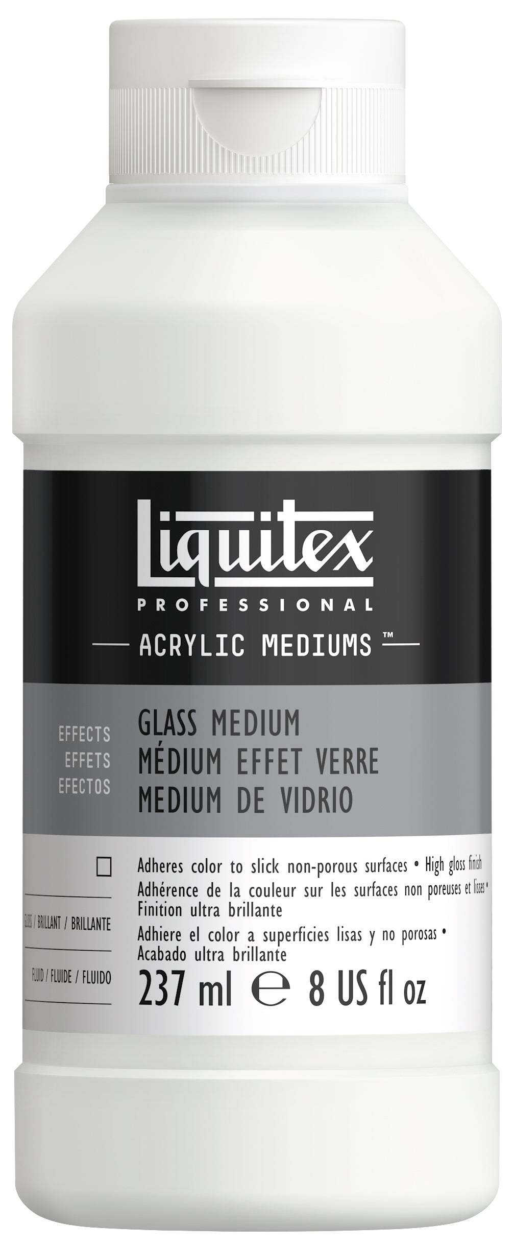 A white plastic bottle of Liquitex Professional Acrylic Mediums, specifically the 'Glass Medium' variant, with a black and gray label.