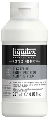A white plastic bottle of Liquitex Professional Acrylic Mediums, specifically the 'Glass Medium' variant, with a black and gray label.