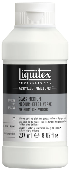 A white plastic bottle of Liquitex Professional Acrylic Mediums, specifically the 'Glass Medium' variant, with a black and gray label.