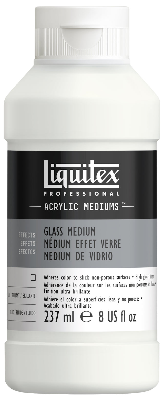A white plastic bottle of Liquitex Professional Acrylic Mediums, specifically the 'Glass Medium' variant, with a black and gray label.