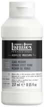 A white plastic bottle of Liquitex Professional Acrylic Mediums, specifically the 'Glass Medium' variant, with a black and gray label.