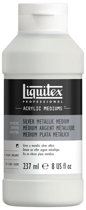 A white plastic bottle of Liquitex Professional Silver Metallic Medium acrylic medium with a black and gray label.