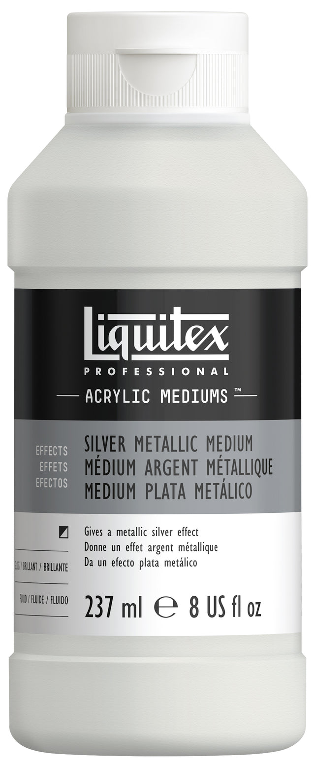 A white plastic bottle of Liquitex Professional Silver Metallic Medium acrylic medium with a black and gray label.