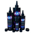 Three black squeeze bottles of MAD UV Resin Crystal Clear in different sizes, with nozzels on top and their caps removed and placed in front of them.