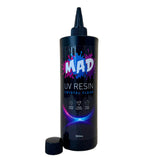 A 500ml black squeeze bottle of MAD UV RESIN Crystal clear, shown with a nozzel on top and its cap off on a white background.