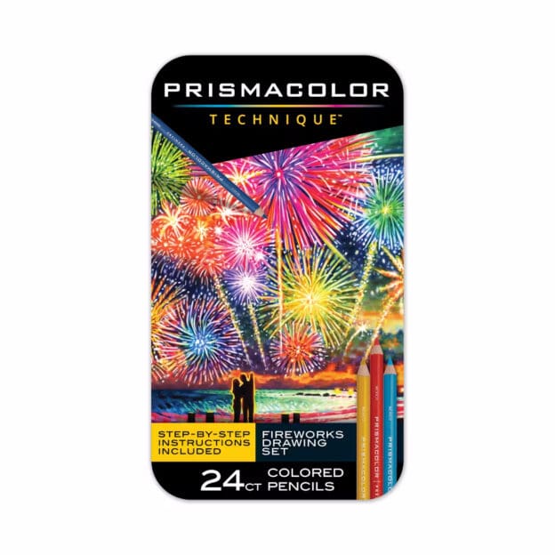 Prismacolor Premier Coloured Pencils Tin Set 24 "Techniques Fireworks Drawing Set"