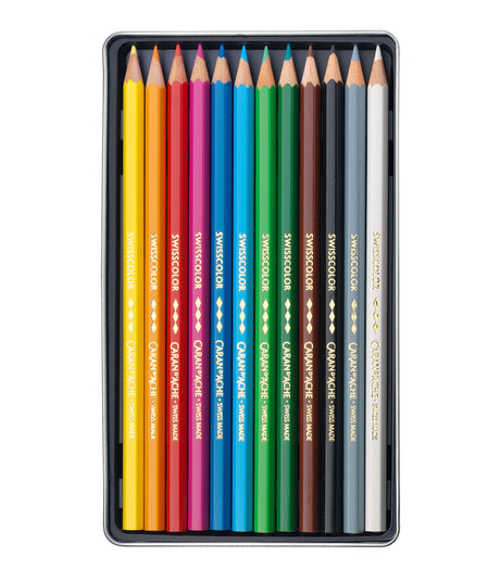 Caran d'Ache Swisscolor Permanent Colour Pencils Metal Box 12 Colours
