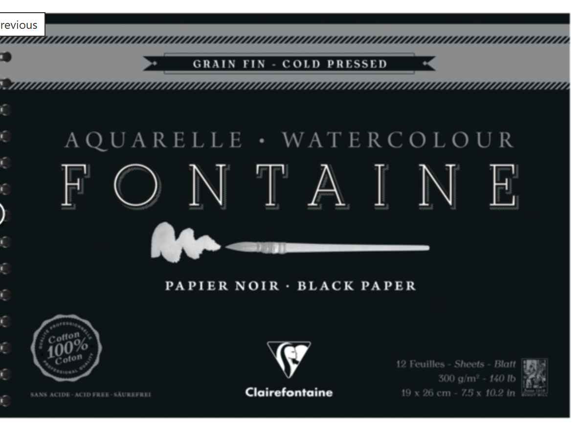 Clairefontaine - Fontaine Black Paper Watercolour Pad Spiral 300gsm various sizes