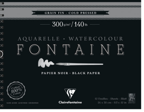 Clairefontaine - Fontaine Black Paper Watercolour Pad Spiral 300gsm various sizes