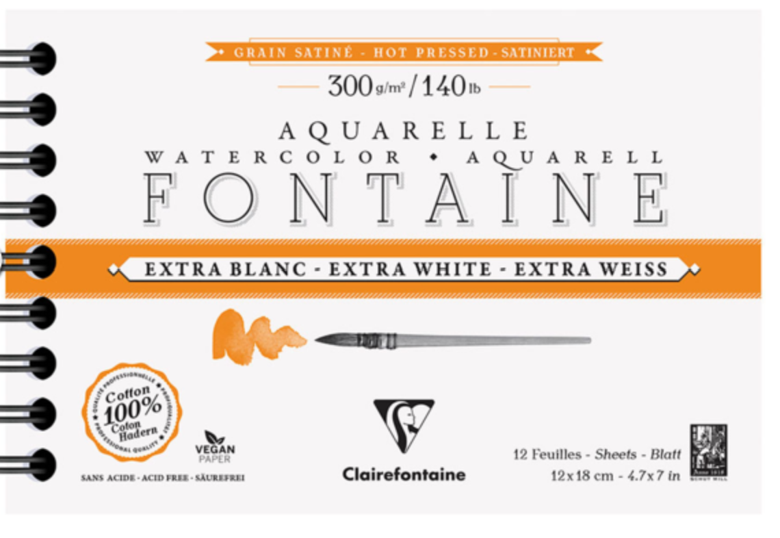 Clairefontaine Watercolour Travel Pad Spiral 300gsm 12 sheets 12 x 18cm Hot Pressed