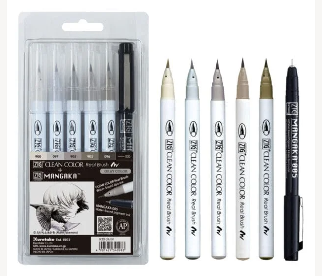 ZIG Clean Color & Mangaka Set – 6pc Brush Pens & Fineliners
